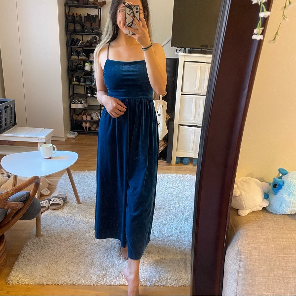 Urban Outfitters Velvet Blue Wide Leg Stretchy Jumpsuit